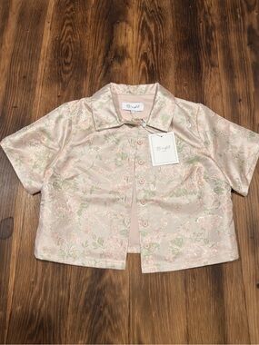 Brighton Pale Pink Floral Satin Button-Front Crop Shirt